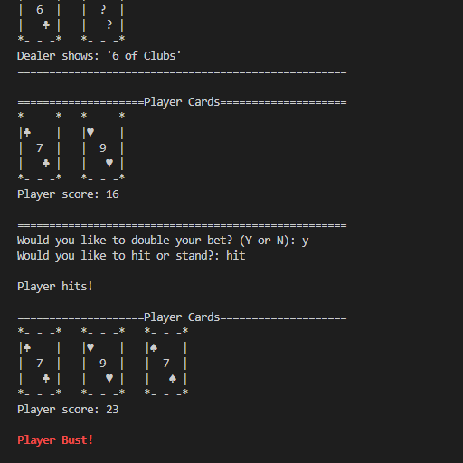 A snippet of the terminal app running blackjack, the player has bust!